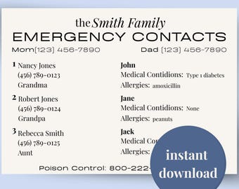 Emergency Contact Printable Medical Information Sheet Babysitter Nanny Important Numbers First Time Mom Gift Grandparent Baby Sitting info