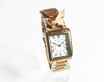 Women Gold Watch Tank Watch Handmade watch Butterfly Watch Silver Watch adjustable strap watch gift for her with watch box&pin remover