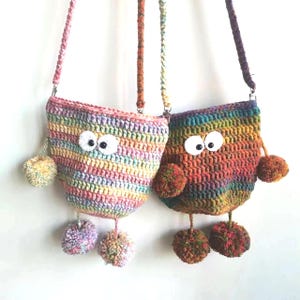 Sac monstre fait main au crochet | Sac à main coloré avec pompons et yeux | Joli cadeau pour les enfants ou les adultes qui aiment s'amuser