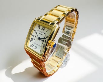 Women Tank Watch: Gold & Silver Stainless Steel, Adjustable Band, Vintage Style