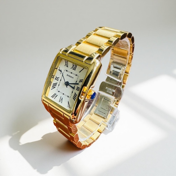 Women Tank Watch: Gold & Silver Stainless Steel, Adjustable Band, Vintage Style