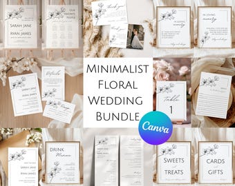 Elegant Minimalist Floral Wedding Template Bundle – Editable Canva Set, Full Wedding Suite