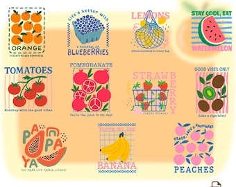 Retro Fruit Clipart PNG Bundle – Vintage Stickers (Digital Download)