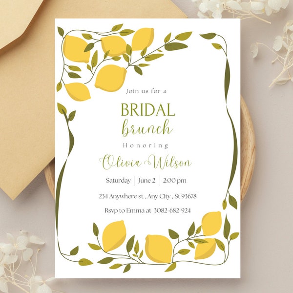 Citrus Bridal Brunch Invitation, Lemon Bridal Shower Invitation,Printable Citrus Bridal Shower, Summer Bridal Brunch Invite,EditableTemplate