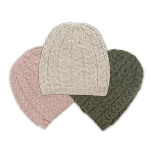 Merino Unisex Beanie Unlined With Tradition Aran Stitching 100% Merino Wool Olive Green/ Dusty Pink / Light Grey