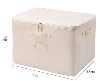 May include: A large, off-white canvas storage bin with a zipper closure and handles. The bin measures 48 cm wide, 33 cm deep, and 32 cm high.