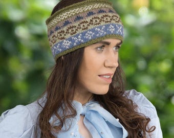 Olive Green 100% Lamb Wool Headband - Hand knitted - Fleece Lined - Winter Headband - Ear Warmers