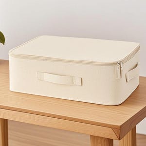 Puede incluir: Una caja de almacenamiento rectangular de color blanquecino con cierre de cremallera y dos asas. La caja está sobre una mesa de madera. La caja tiene una superficie texturizada y está diseñada para organizar artículos.