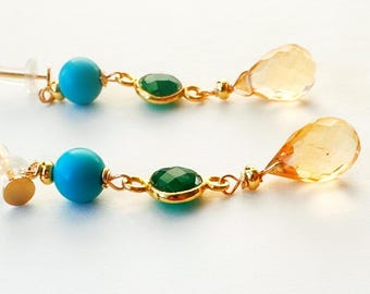 Pendientes colgantes de citrino y turquesa, ónix verde, chapados en oro, elegante joyería con piedras preciosas.