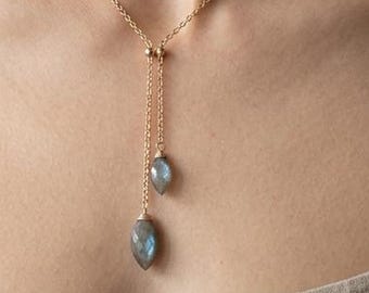 Gold Y Necklace, Faceted Labradorite Drops, Dainty Minimalist Jewelry