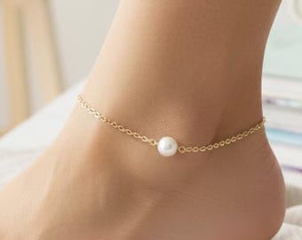 Tobillera minimalista de perlas, joyería playera bañada en oro de 14k