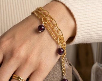 Pulsera con dije de amatista en bruto, pulsera de cadena de oro laminado, joyería minimalista llamativa, regalo de piedra natal de febrero