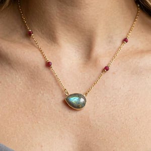 Labradorite Necklace with Ruby Accents - adjustable choker-to-collarbone necklace