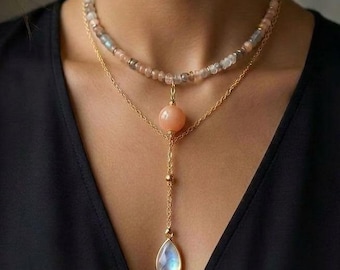 Moonstone Teardrop Lariat Necklace, Dainty Gold Layered Gemstone Jewelry