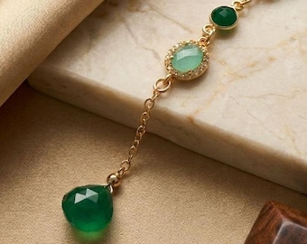 Green Onyx Aqua Chalcedony Y Necklace, Gold Filled Gemstone Pendant, Layering Jewelry