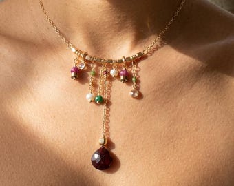 Collar en Y de granate / Conjunto de colgantes con perlas y piedras preciosas / Cadena chapada en oro de 14k