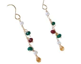 Gold Gemstone Earrings for Women, 18k Gold Filled Natural Citrine, Ruby and Emerald Drops 2 Inch Long