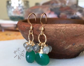 Green Onyx Earrings, Labradorite Earrings, Cluster Earrings, Gold Circle Earrings, Gemstone Earrings