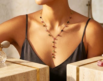 Collar en Y con gema de turmalina sandía multicolor en oro / Joyería delicada con colgante llamativo