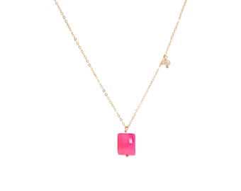 Hot Pink Chalcedony Necklace with Gold-Plated Chain and Pearl Accent - Adjustable Length