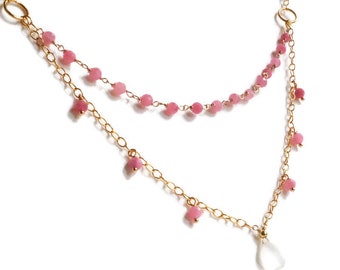 Pink Tourmaline and Moonstone Necklace, Double Layered 14K Gold-Plated Gemstone Pendant Necklace