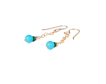 14K Gold-Filled Dangle Earrings with Turquoise and Emerald, Trendy Color Combination