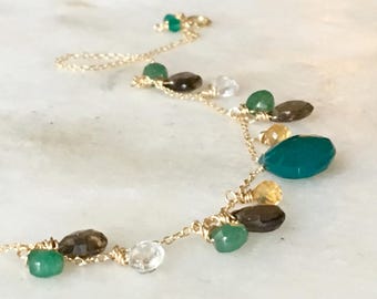 Gemstone Necklace, Green Onyx and Smoky Quartz Necklace, Gold-filled Necklace, Multicolor Gemstone Necklace,