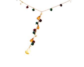 Gemstone 18k Gold Filled Necklace with Natural Citrine, Ruby and Emerald, Y Necklace
