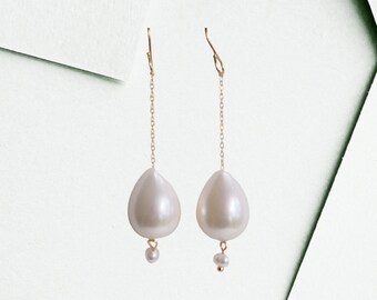 Teardrop Long Pearl Earrings, 34mm Shell Pearl Earrings, Long Dangle Earrings for Women Length 2 1/2 inches - 14K Gold-Filled