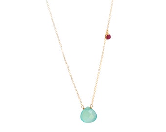 Aquamarine Chalcedony Necklace with Ruby Accent | Gold-Filled Chain