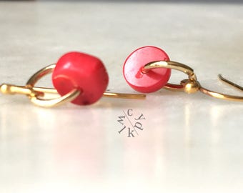 Red Disc Earrings, Red Coral Drop Earrings, Coral Earrings, Minimalist Earrings