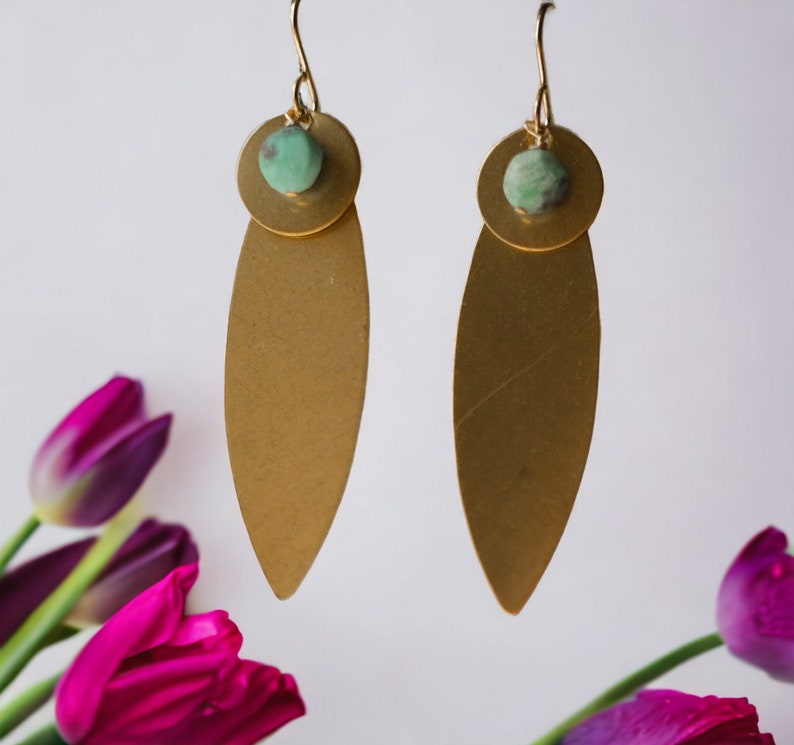 Statement Earrings with Brass Findings and Chrysoprase Coin Beads image 2