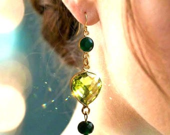 Peridot Grüner Onyx Gold Ohrringe, Olive Statement Drop Schmuck
