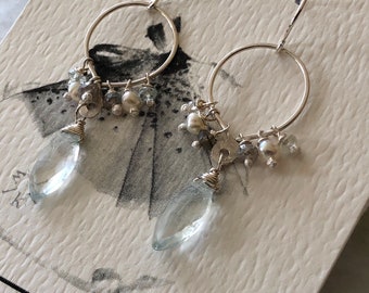 Aquamarine Gemstone Earrings, Gemstone Earrings, Silver Hoop Earrings, Gift for her, Earrings Silver, Cluster earrings