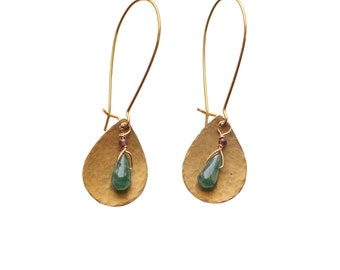 Green Onyx Dangle Earrings with Hammered Leaf Findings