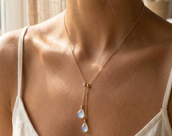 Delicate Moonstone Y Lariat Necklace, Gold-Plated Briolette Gemstone Jewelry
