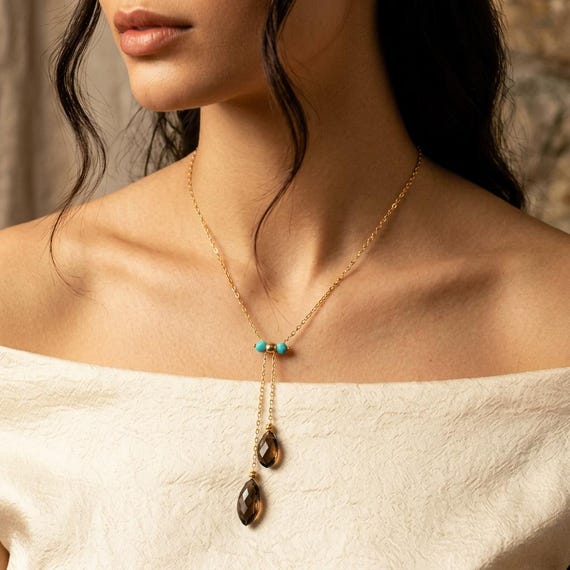 Smoky Quartz Lariat Necklace, Aqua Chalcedony and Gold Filled Layered Necklace, Minimalist Gemstone Jewelry
