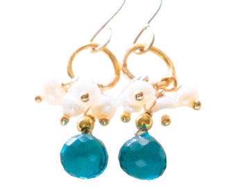 18k Gold-Filled Gemstone Earrings, London Topaz and Pearl Cluster Earrings