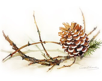 Watercolor Painting - Pine Cone with Branch Painting - Watercolor Pinecone -  5 by 7 print - Archival Print, Minimalist, Home Decor