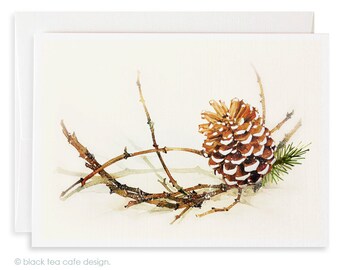 Set of 4 holiday note cards - Xmas Cards, Holiday Cards, Pine Cone with Branch watercolor cards