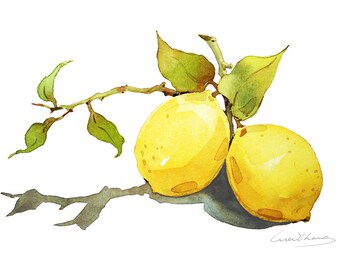 Lemon Painting - Watercolor Lemon - 5 by 7 print - Watercolor Painting, Archival Print, Minimalist, Home Decor, Garden Art