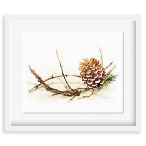 Watercolor Painting - Pine Cone with Branch Painting - 8 by 10 print - Archival Print, Holiday Decor, Nature Art