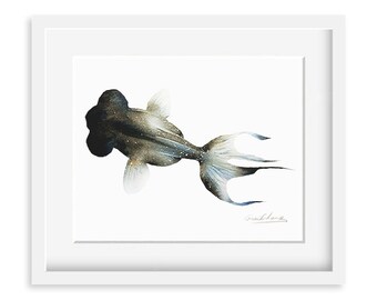 Watercolor Painting - Black Moor Goldfish Painting - Watercolor Goldfish - 8 by 10 print - Archival Print, Home Decor, Ocean Art