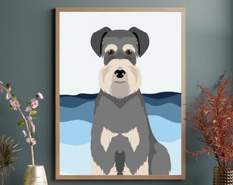 Pode incluir: Uma impressão emoldurada com uma ilustração estilizada de um cão Schnauzer. O cão é retratado em tons de cinza e creme, com um fundo branco e formas azuis em forma de onda na parte inferior. A obra de arte está em uma moldura de madeira.