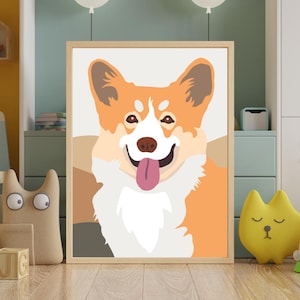 Puede incluir: Una ilustración digital de un perro corgi sonriente con un pecho blanco y una lengua rosa que sobresale. El perro es naranja y blanco y tiene ojos marrones. El fondo es de color marrón claro.