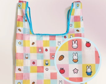 bunny rabbit kitty kawaii checkered reusable eco packable tote bag