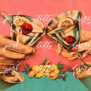 vintage DIGITAL DOWNLOAD Art Déco Célébration anniversaire du Nouvel An Cherry Cocktail Cheers Printable Framing Handmade Greeting Card image 1