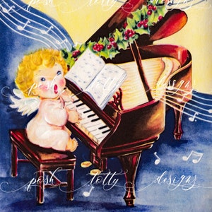 Vintage DIGITAL DOWNLOAD 1940s Angel Singing At Piano Voice Natale Xmas Note Musica Amante stampabile Framing Handmade Biglietto d'auguri