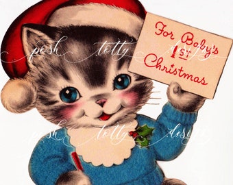 1940s Vintage For Baby's 1st Christmas Kitten Cat Santa Hat DIGITAL DOWNLOAD Framing Handmade Greeting Card Sublimation