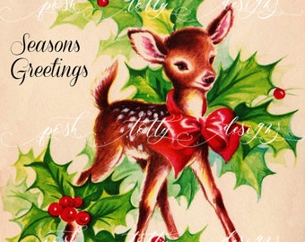 Vintage DIGITAL DOWNLOAD Seasons Greetings Deer Doe Holly Berry Christmas Graphic Jpeg Printable Framing Handmade Greeting Card Sublimation